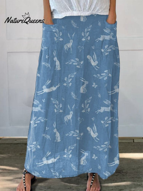 Spring Woodland Rabbit Repeat Pattern Printed Women's Linen Pocket Skirt