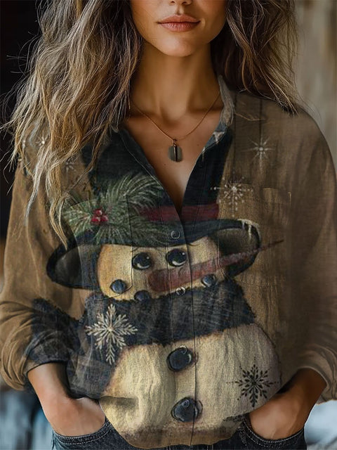 Women's  Retro Snowman Art Print Casual Long Sleeve Comfortable Cotton Shirt