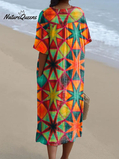 Women's Colorful Geometric Star Element Print Pocket Linen Dress