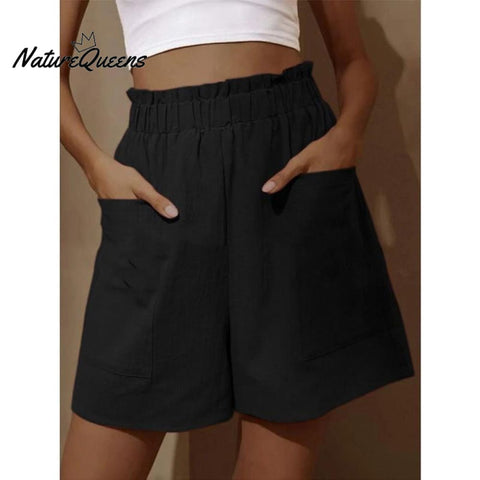 Cotton And Linen Wear High - Waisted Shorts With Buds Black / S