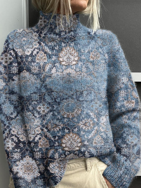 Blue Gradient Ethnic Pattern Print Knit Turtleneck Pullover Sweater