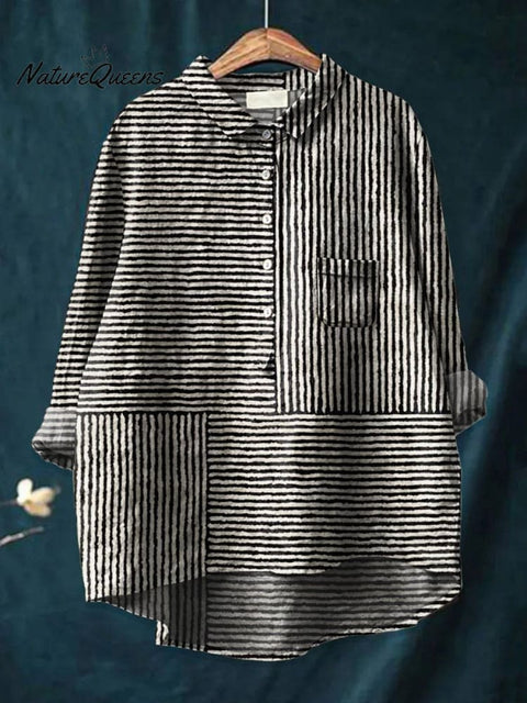 Women's Minimalist Abstract Geometry Art Print Casual Cotton And Linen Shirt