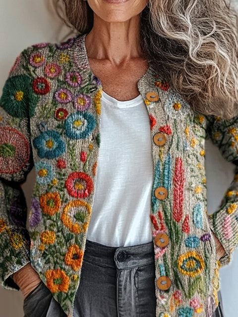 Embroidery Spring Meadows Floral Art Printed Buttoned Cardigan Sweater