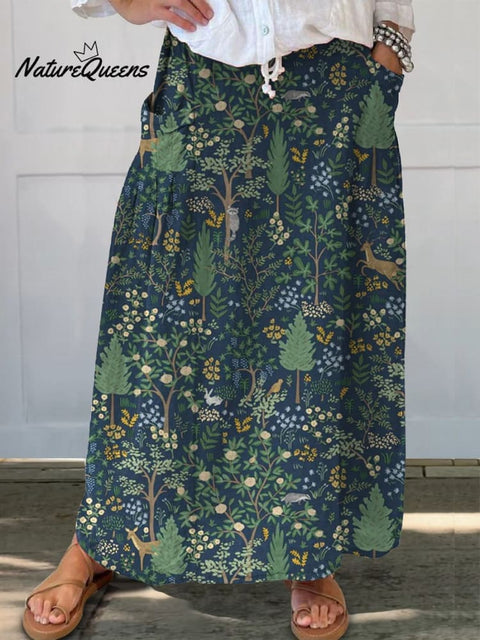 Night Woodland Repeat Pattern Printed Women's Linen Pocket Skirt