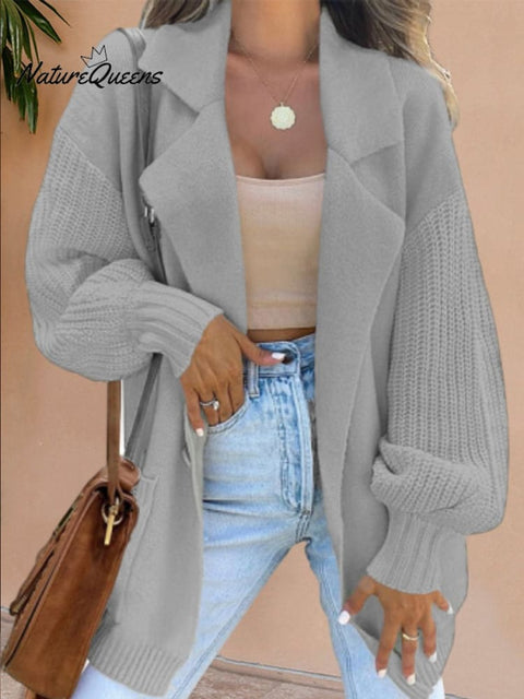 Women's Solid Color Suit Collar Sweater Cardigan Knit Jacket