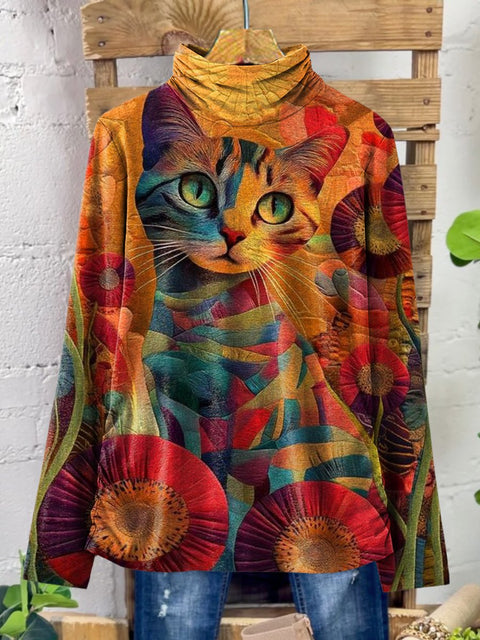 Women's Cute Cat with Flowers Print Casual 100% Cotton Top