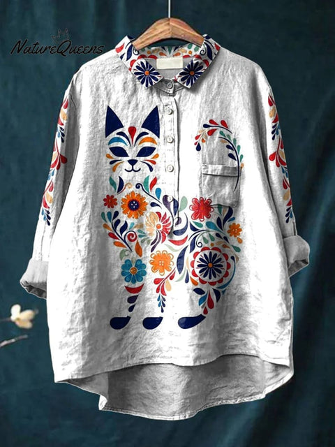 Ethnic Style Cat Graphic Printed Women's Casual Cotton And Linen Shirt