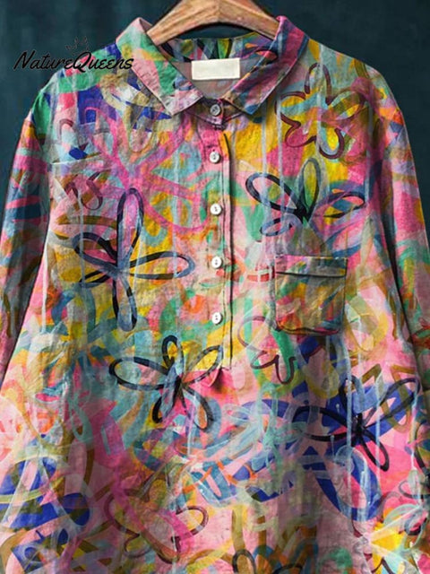 Graffiti Style Meadows Floral Printed Women's Casual Cotton And Linen Shirt