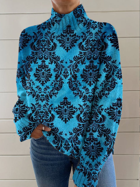 Mystic Blue Gradient Pattern Art Print Knit Turtleneck Pullover Sweater
