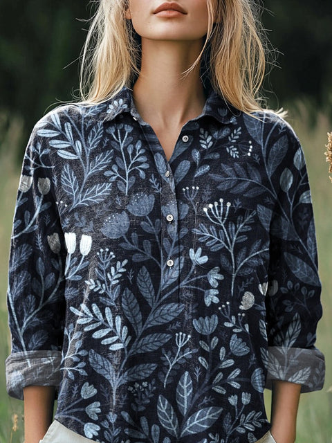 Tranquil Floral Garden Pattern Printed Women's Casual Cotton And Linen Shirt