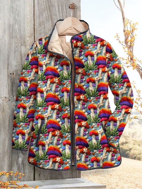 Women's Embroidery Mushroom Art Print  Casual Quilted Jacket