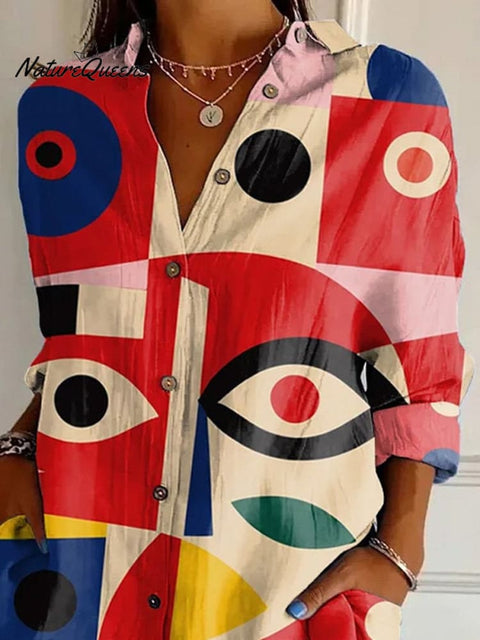 Abstract Geometric Eye Pattern Printed Women's Casual Cotton Shirt