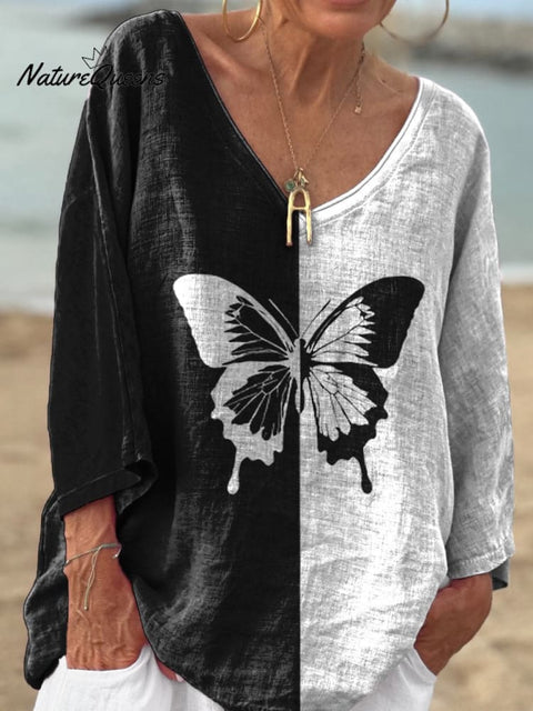 Black And White Symmetrical Butterfly Art Printed Women's Casual V-neck Long Sleeve Comfortable Cotton T-shirt