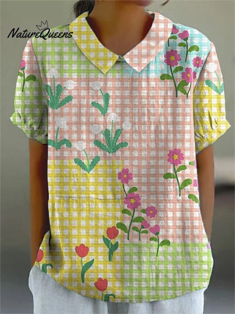 Lovely Floral And Tartan Pattern Printed Women's Casual Cotton And Linen Shirt