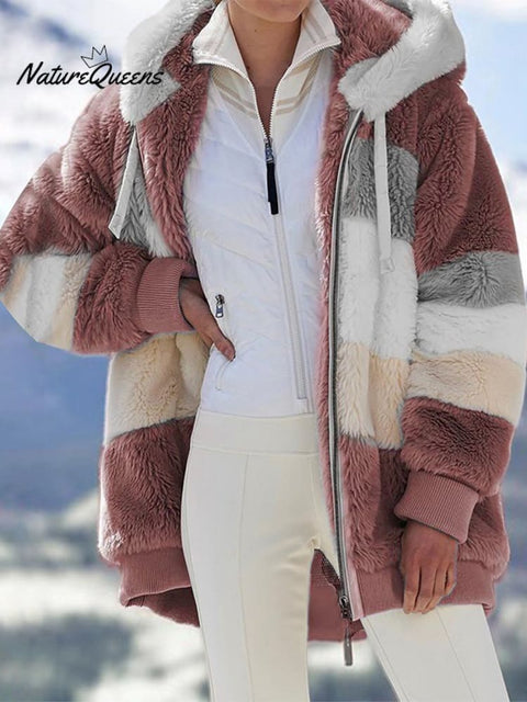 Autumn and Winter Loose Plush Multicolor Hooded Jacket