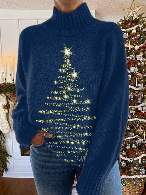 Glitter Christmas Print Knit Turtleneck Pullover Sweater