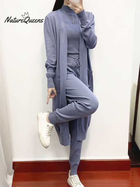 Temperament Suit Women's Casual Knitted Cardigan Vest Pants Three-piece Set