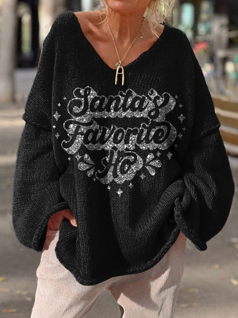 "Santa's Favorite Ho" Funny Christmas Joke Graphic Printed Women's Casual Pullover Sweater