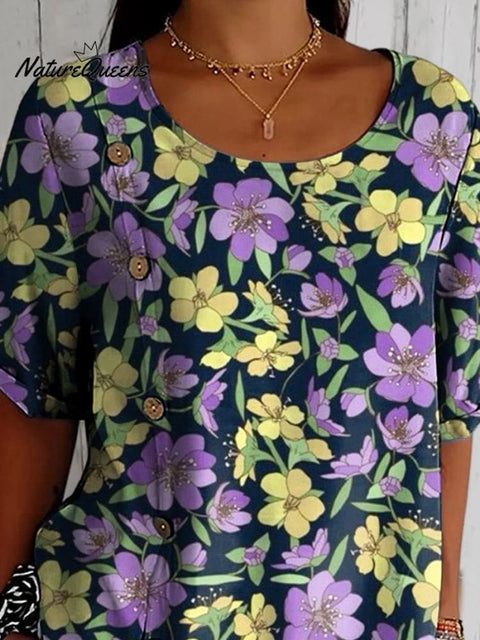 Retro Style Purple And Yellow Floral Pattern Printed Women's Casual Cotton Shirt