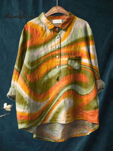 Hippie Style Swirl Pattern Printed Women's Casual Cotton And Linen Shirt