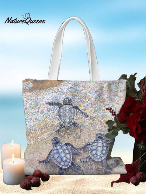Three Beach Turtle Art Print Linen Tote Bag