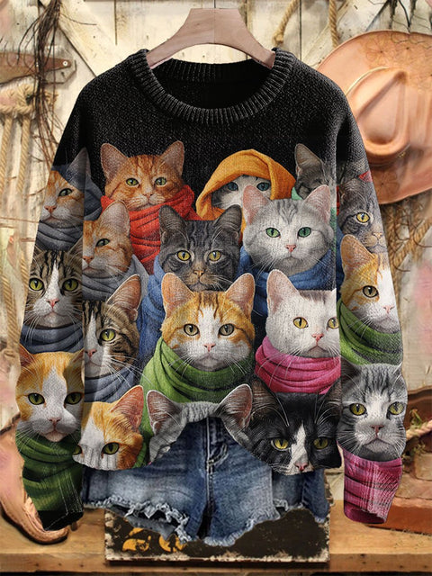 Funny Cats Art Print Knit Pullover Sweater