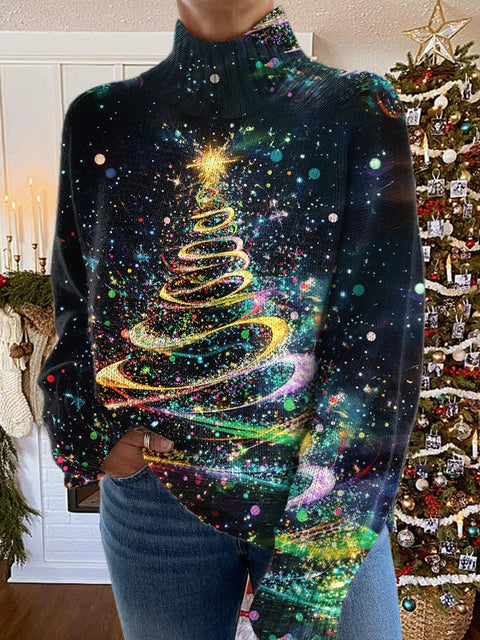 Glitter Christmas Print Knit Turtleneck Pullover Sweater