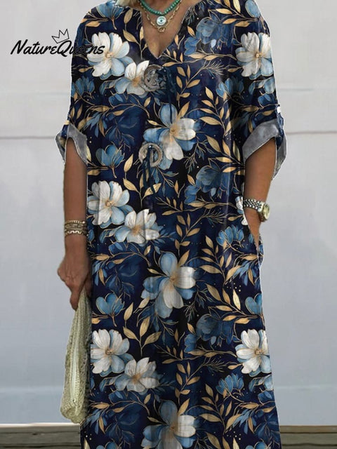 Midnight White Magnolia Floral Pattern Printed Women's Pocket Cotton Dress