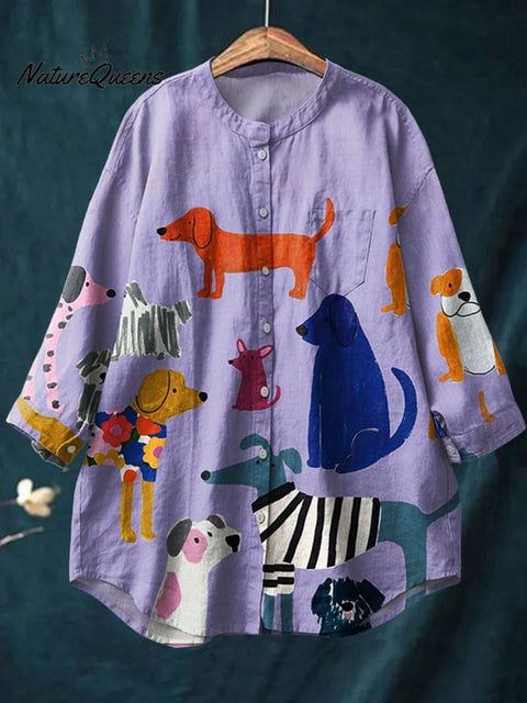 Women's Dog  Art Print Casual Cotton And Linen Shirt