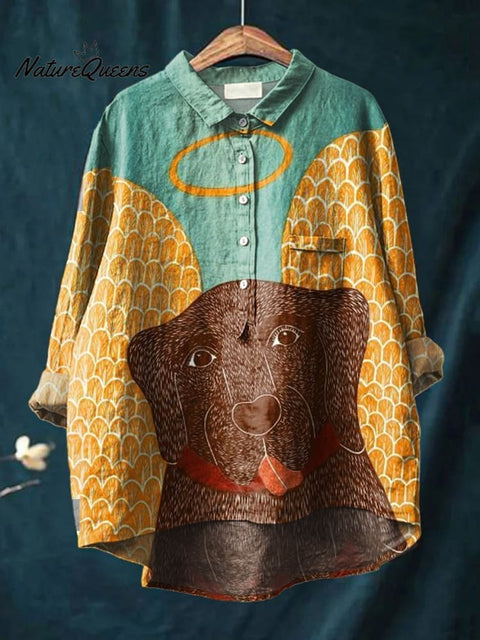 Women's Dog Art Print Casual Cotton And Linen Shirt