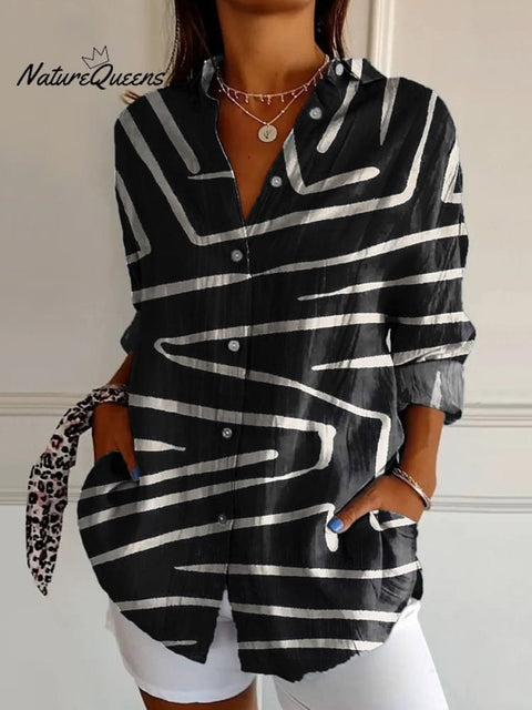 Black And White Geometric Line Pattern Printed Women's Casual Cotton Shirt