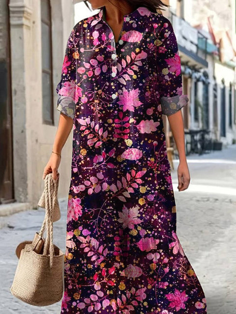 Colorful Fall Leaf Pattern Printed Women's Pocket Cotton Dress