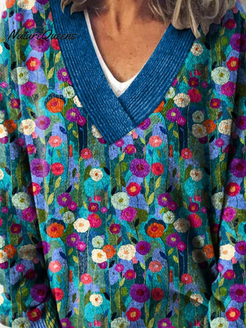 Oil Painting Summer Garden Pattern Printed Knit V-Neck Pullover Sweater