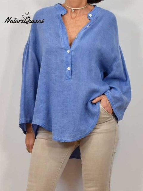 Casual V-neck Cotton and Linen Top
