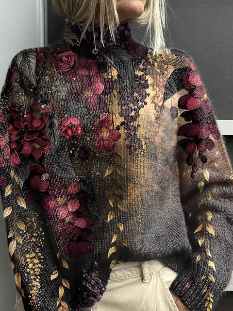 Mystical Floral Art Print Knit Turtleneck Pullover Sweater