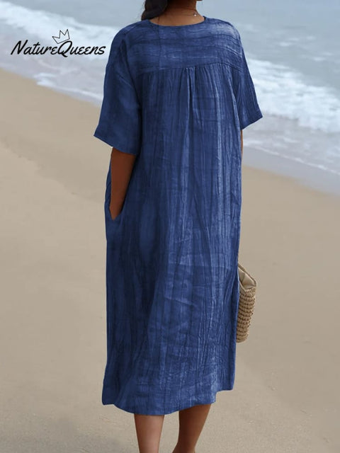 Women's Denim Blue Geometry Watercolor Splash Fluid Art Print Flowy Dress