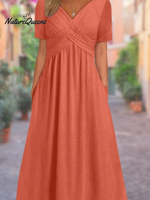 Women's Half Sleeve V-neck Solid Color Pockets Midi Dress