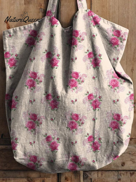 Watercolor French Rose Repeat Pattern Printed Linen Tote Bag