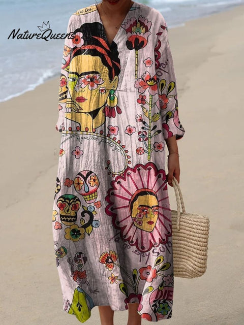 Pink Artist Frida Decorative Pattern Flowy Dress