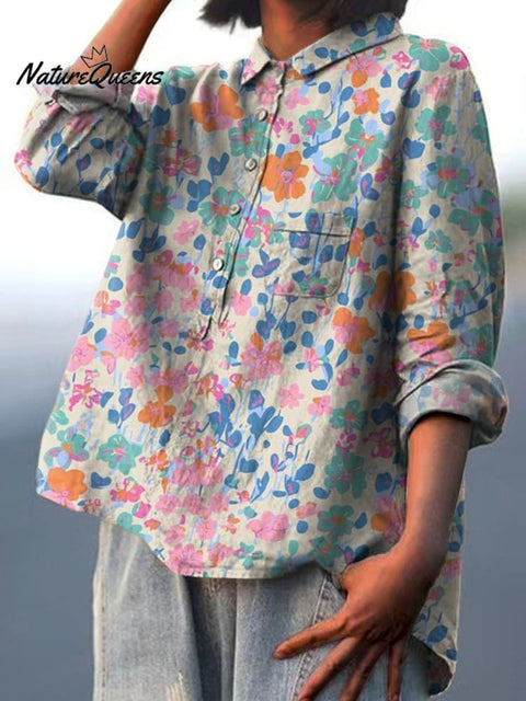 Lovely Spring Meadows Floral Pattern Printed Women's Casual Cotton And Linen Shirt