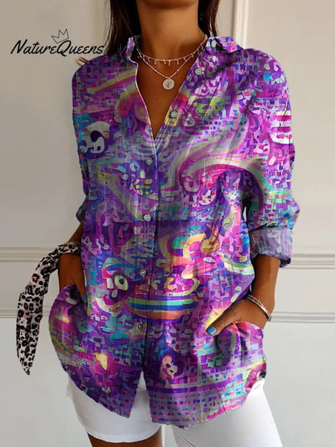 Abstract Random Pattern Printed Women's Casual Cotton Shirt