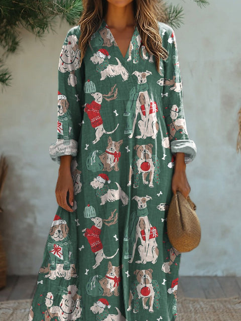 Christmas And Puppy Dog Pattern Printed Women's Dress