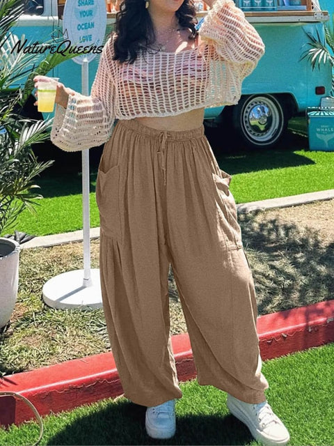 Women's Stylish Casual Fashionable Elastic Waist Loose Cotton Linen Pants