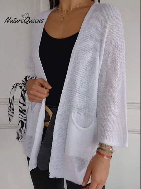 Women's Waffle Grid Texture Nine Quarter Sleeve Casual Cardigan Jacket