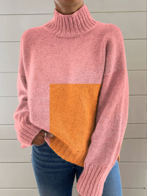 Abstract Geometric Art Print Knit Turtleneck Pullover Sweater