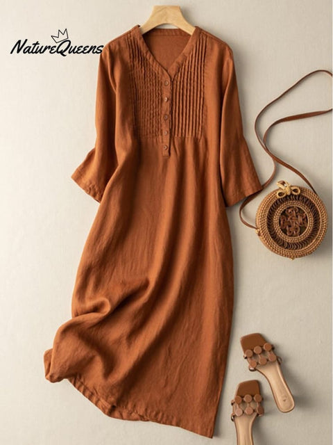 Cotton And Linen V-Neck Pleated Loose Dress