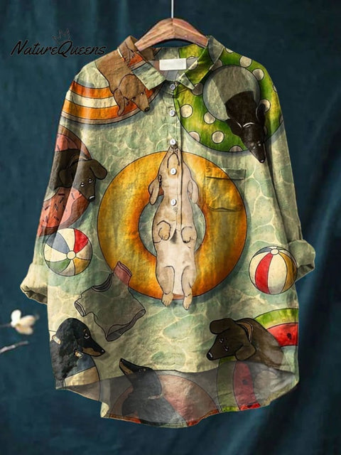 Women's  Dog Print Casual Cotton And Linen Shirt