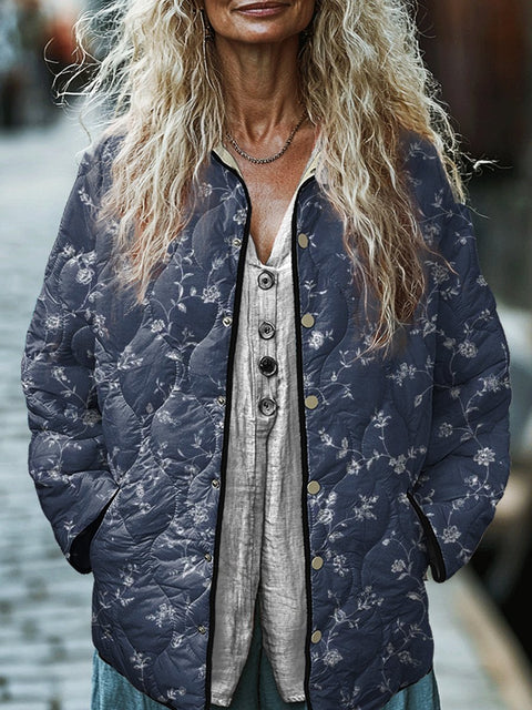 Petite Spring Floral And Vine Repeat Pattern Printed Women's Casual Quilted Jacket