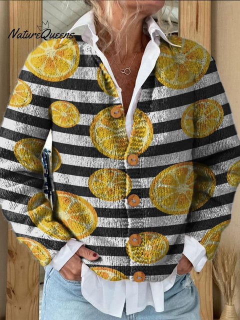 Black and White Stripes and Lemon Slices Decorative Pattern Buttoned Cardigan Sweater