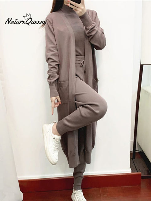 Temperament Suit Women's Casual Knitted Cardigan Vest Pants Three-piece Set